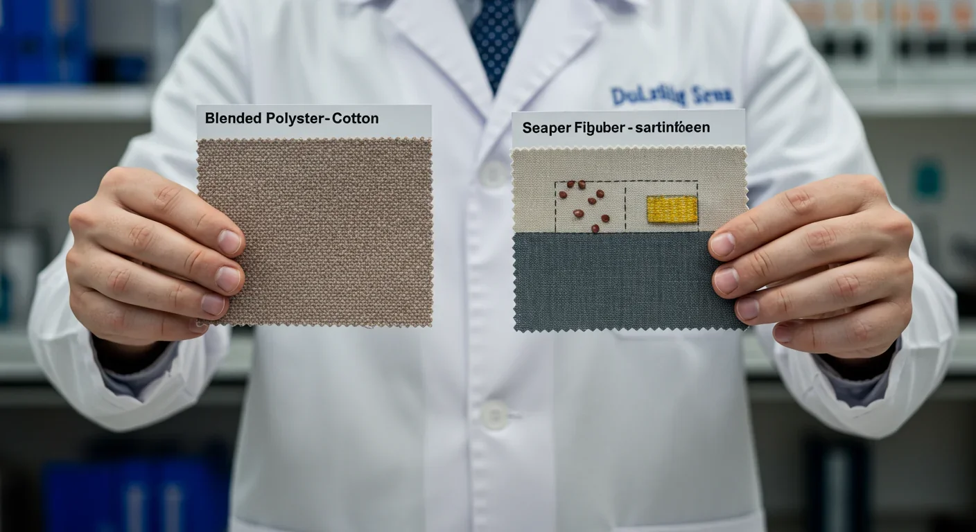 Comparison of blended fabric before and after enzymatic separation showing fiber recovery