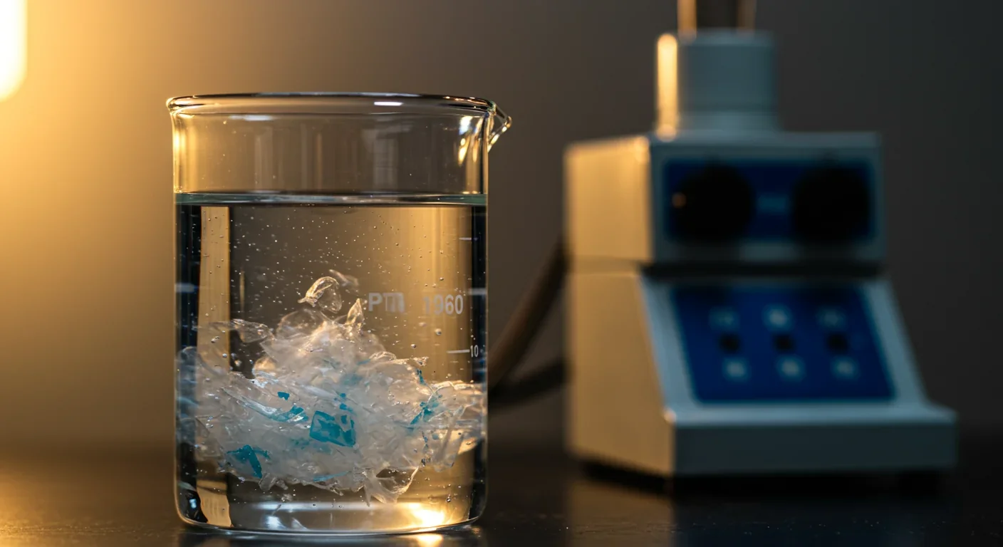 PET plastic flakes being enzymatically broken down in laboratory beaker