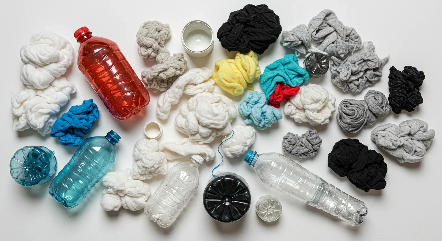 Collection of colored plastic bottles and polyester textile waste ready for recycling