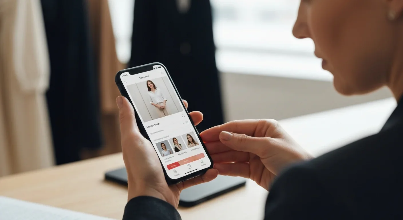 Adult using fashion rental mobile app to browse designer clothing options