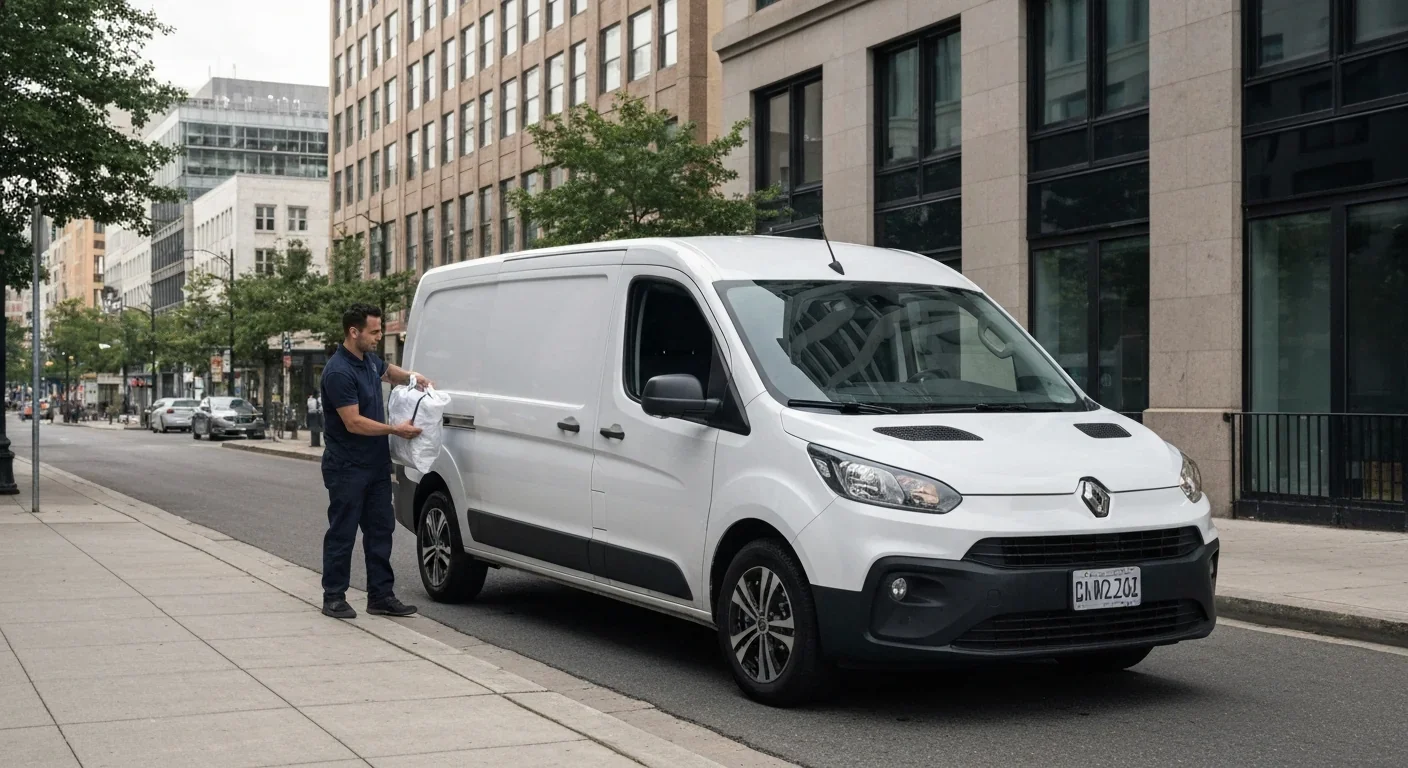 Electric vehicle used for sustainable fashion rental delivery in urban environment