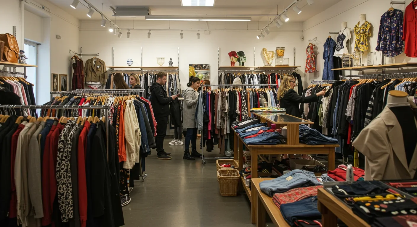 People sorting quality secondhand clothing at a bright, modern thrift store