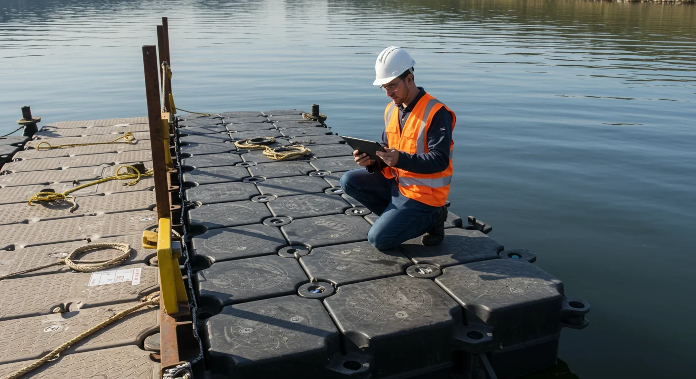Engineers assembling prefabricated floating platform modules using HDPE materials and advanced mooring systems