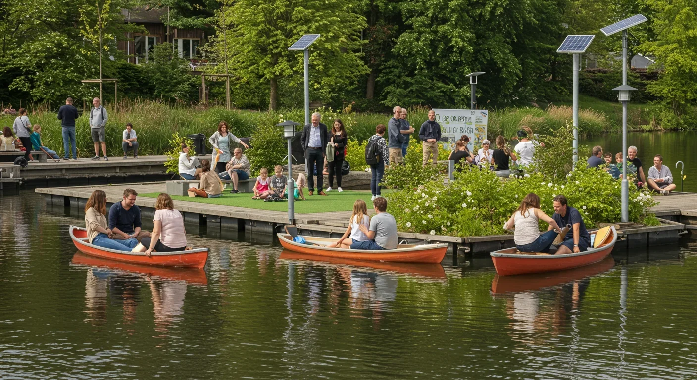 Residents enjoying public spaces in a floating neighborhood with accessible waterfront amenities and sustainable transportation