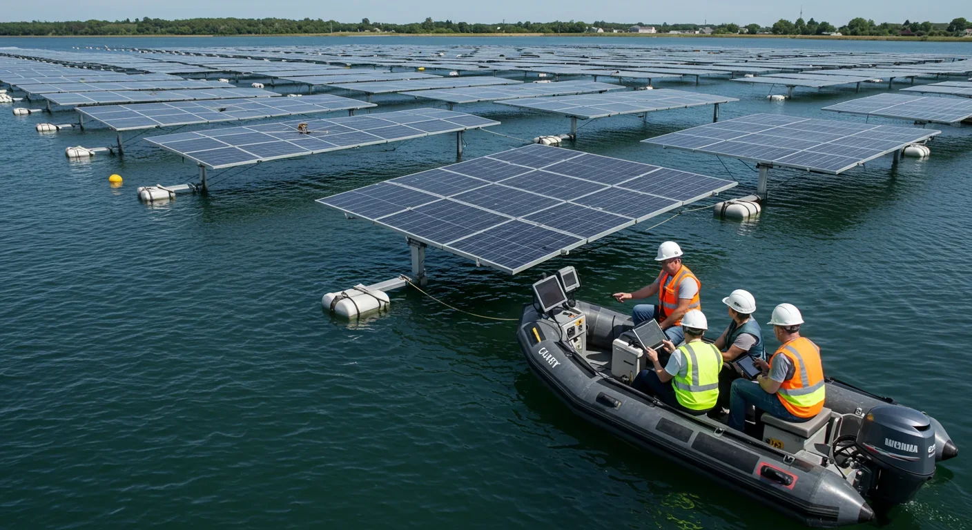 Technicians maintaining floating solar panel mounting systems and anchoring infrastructure on water