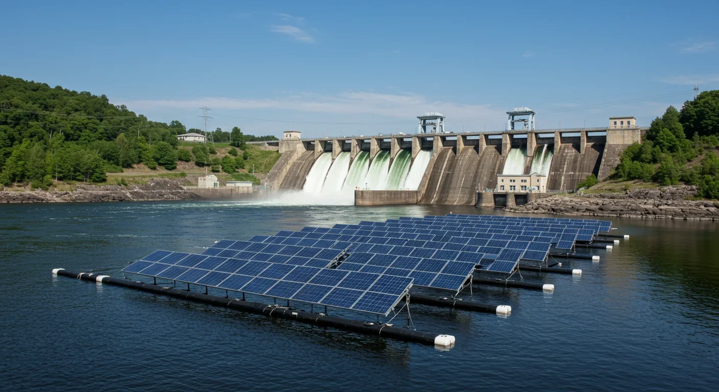 Solar panels installed over irrigation canal preventing water evaporation while generating clean power for farms