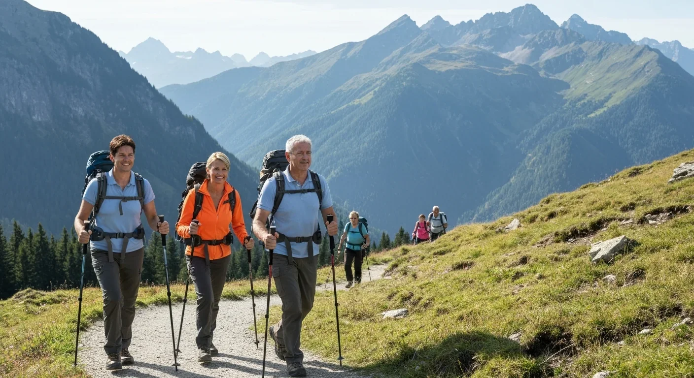 Adult hikers on an Alpine mountain trail enjoying scenic mountain views