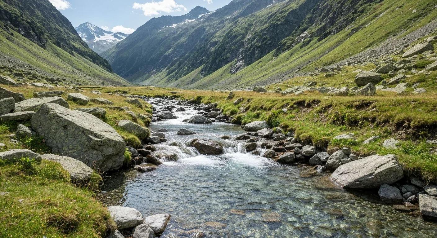 Clear glacial meltwater stream flowing through an Alpine valley with mountain backdrop