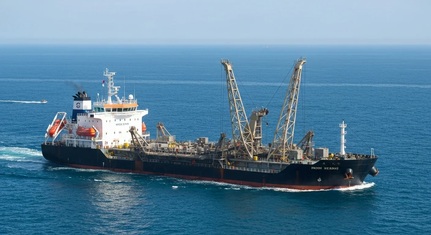 Industrial sand dredging operation in coastal waters showing massive extraction equipment