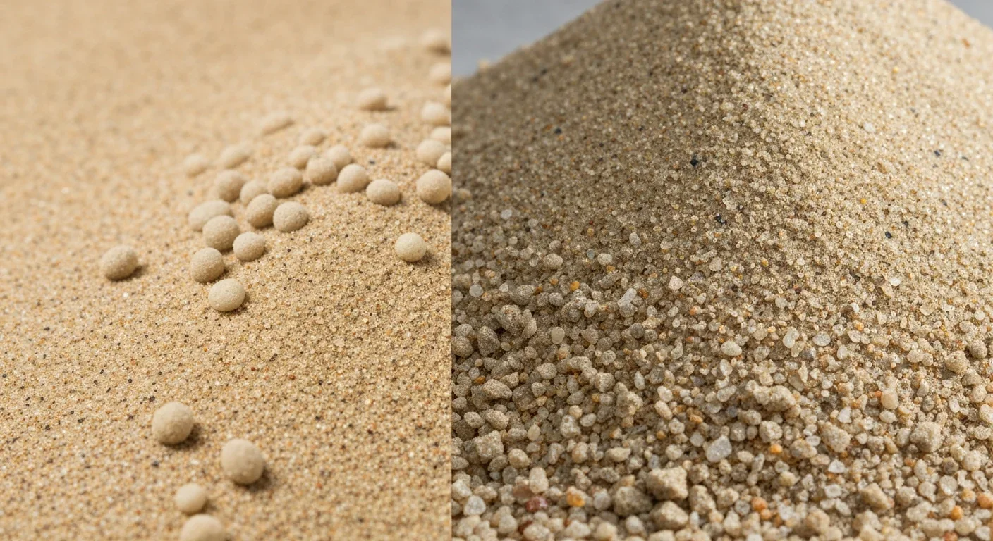 Comparison of smooth desert sand grains and angular construction-grade sand particles