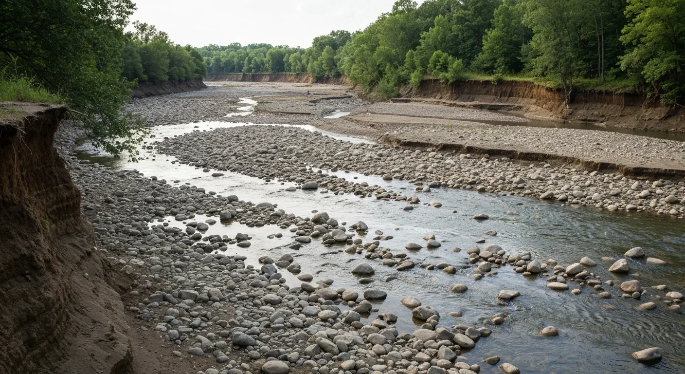 Depleted riverbed showing environmental damage from excessive sand mining
