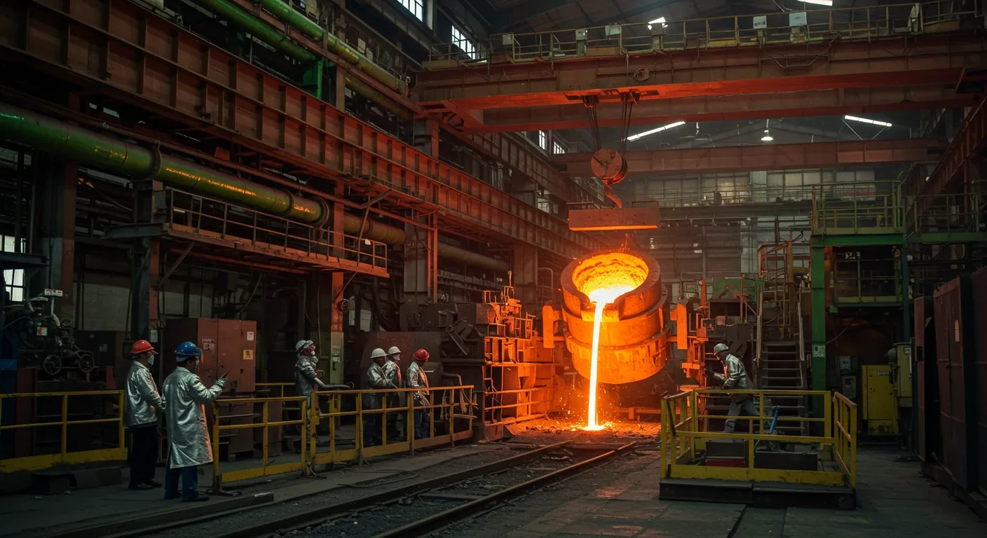 Workers operating hydrogen-powered steel production equipment in a modern facility