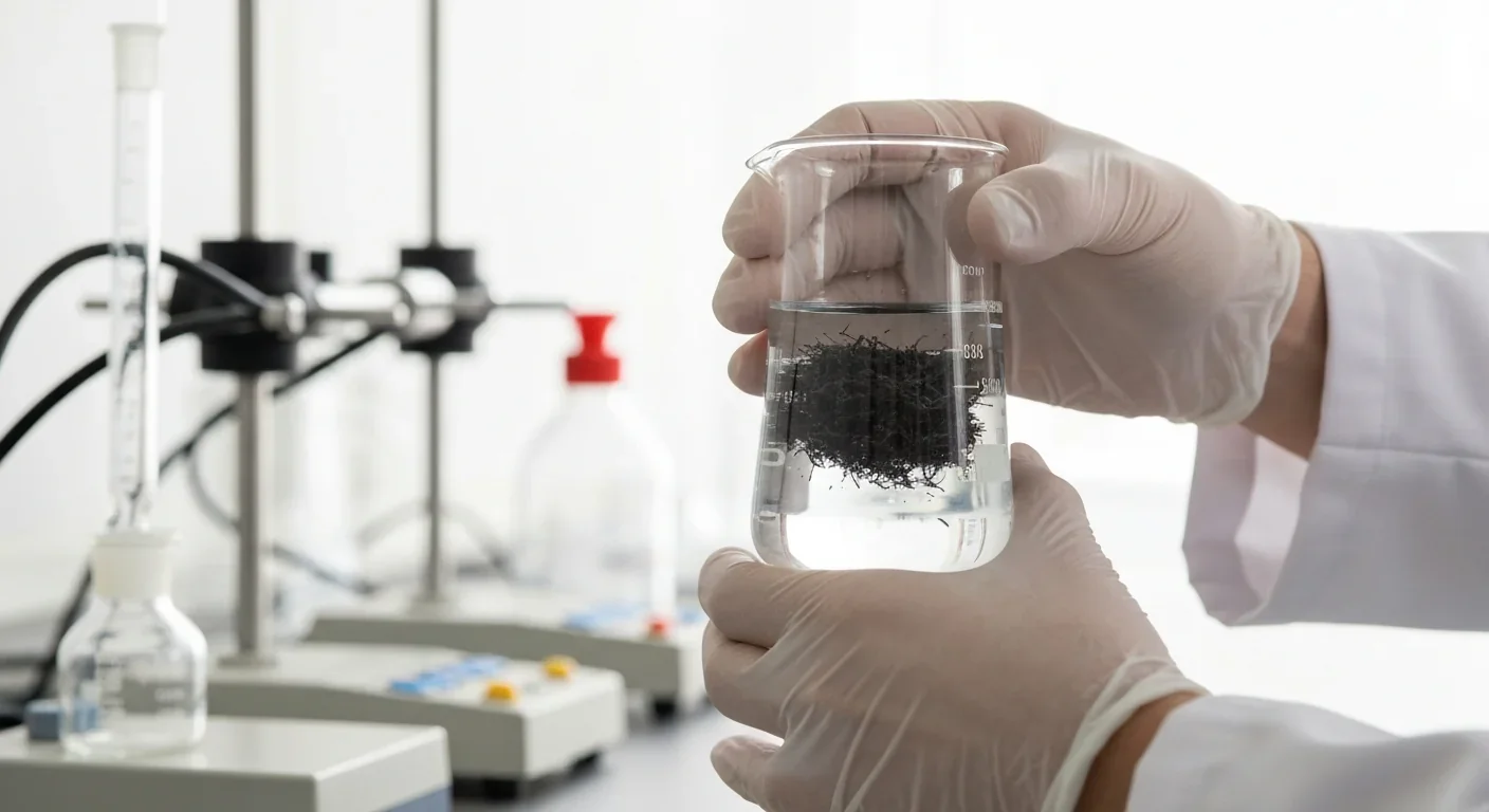 Hemp-derived carbon nanosheets in laboratory beaker during energy storage research