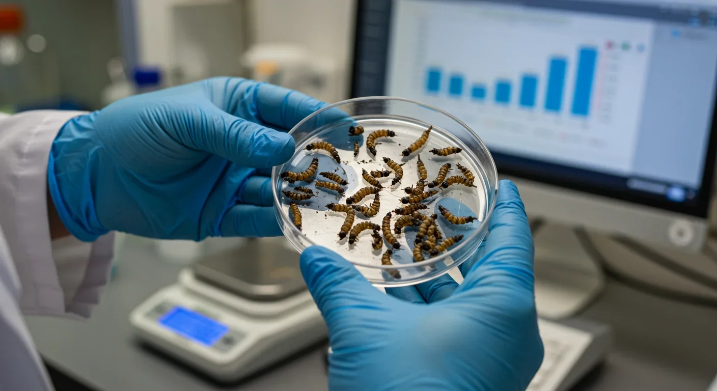 Research scientist examining black soldier fly larvae in laboratory setting for protein quality analysis