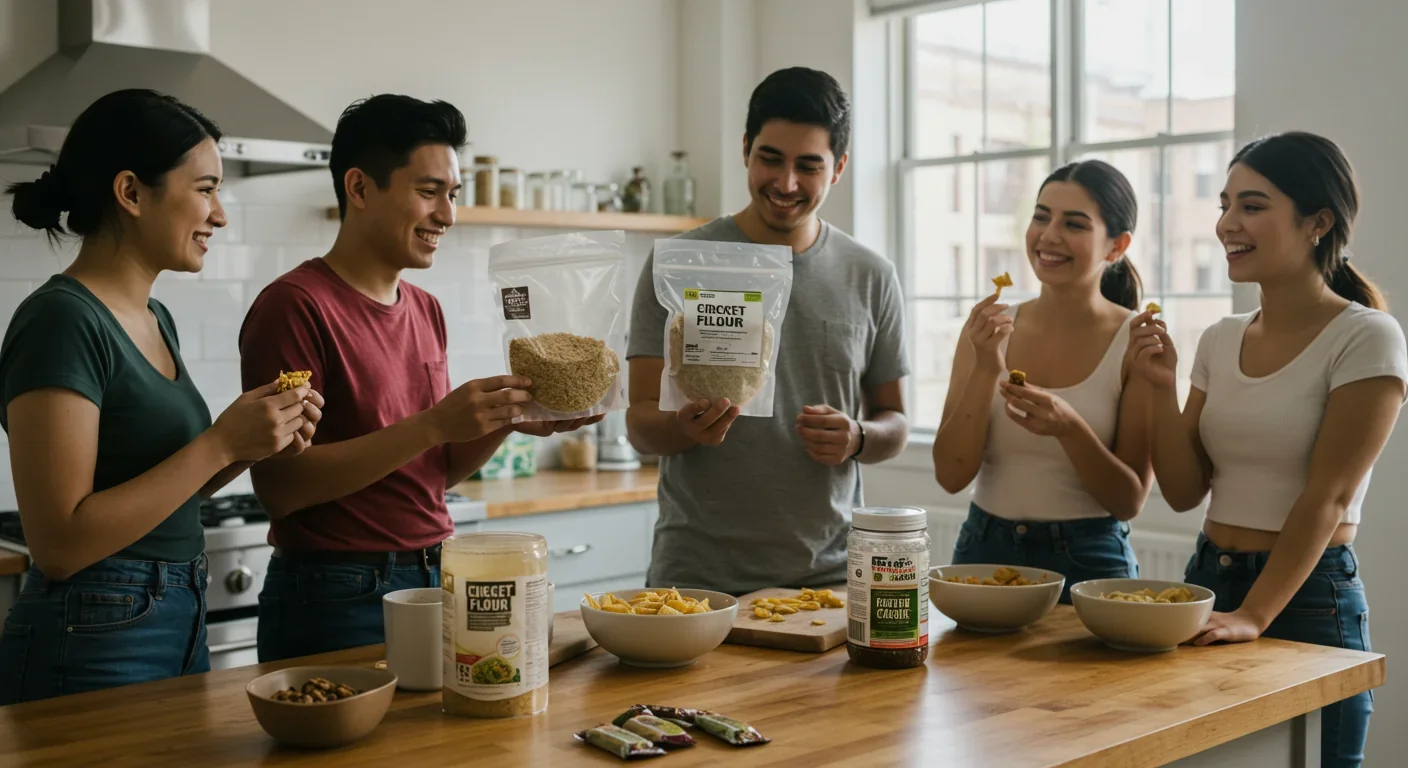 Young consumers preparing and sharing cricket flour-based food products in modern kitchen setting