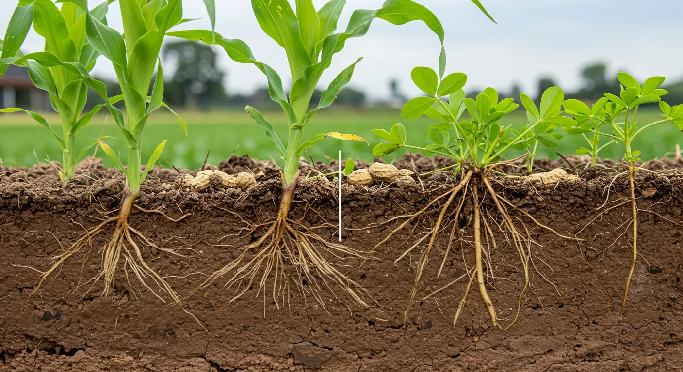 Cross-section showing deep corn roots and shallow peanut roots utilizing different soil layers