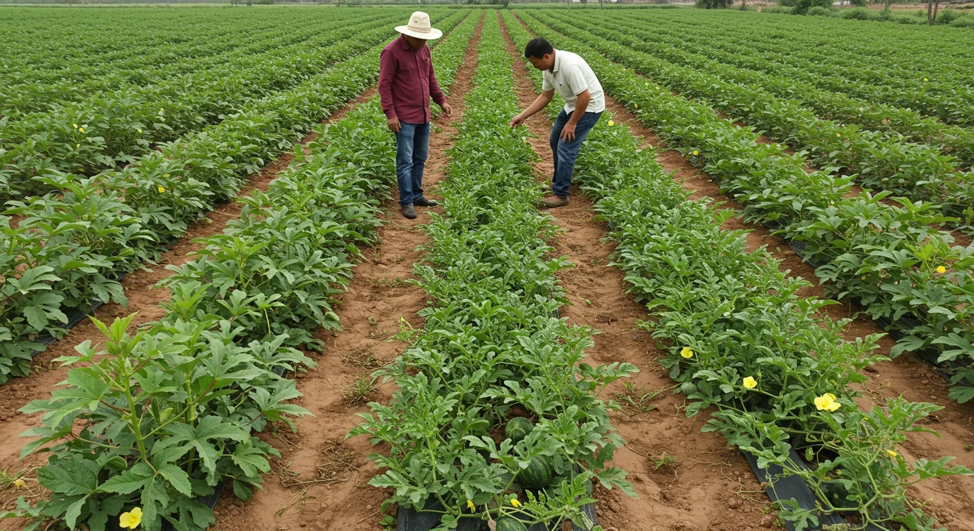 Farmer examining intercropped okra and watermelon plants in a productive field