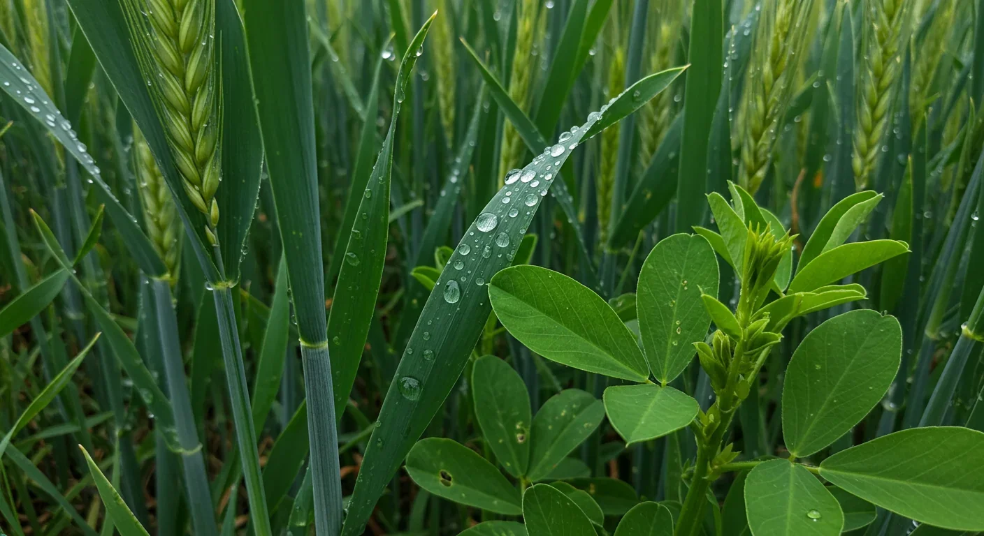 Water droplets on intercropped plants showing efficient moisture use