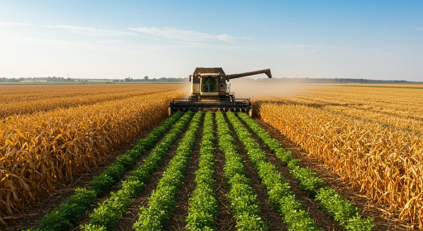 Combine harvester working in an intercropped maize-peanut field