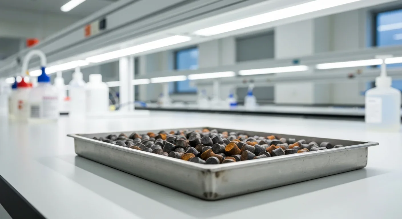 Close-up of iron pellets showing partial rust oxidation used in iron-air battery cells