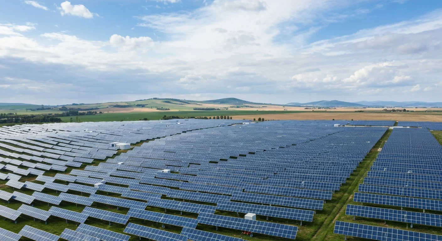 Aerial view of a sprawling solar farm across flat agricultural land under partly cloudy skies