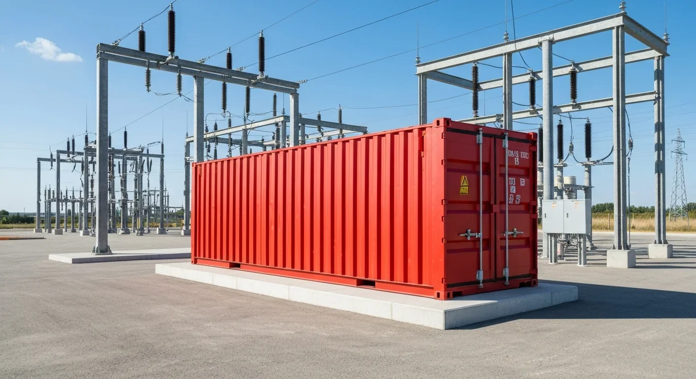 A shipping container converted into a modular battery storage unit next to electrical grid infrastructure
