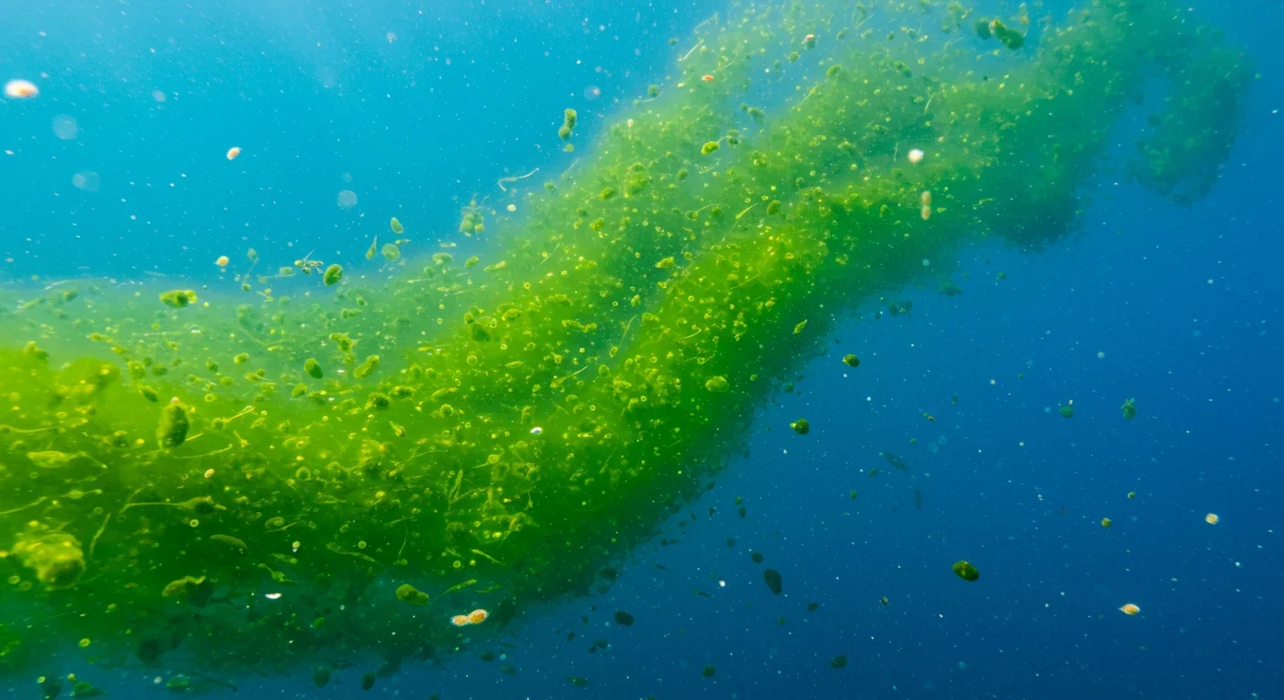 Underwater view of phytoplankton bloom with zooplankton and sinking organic particles in ocean