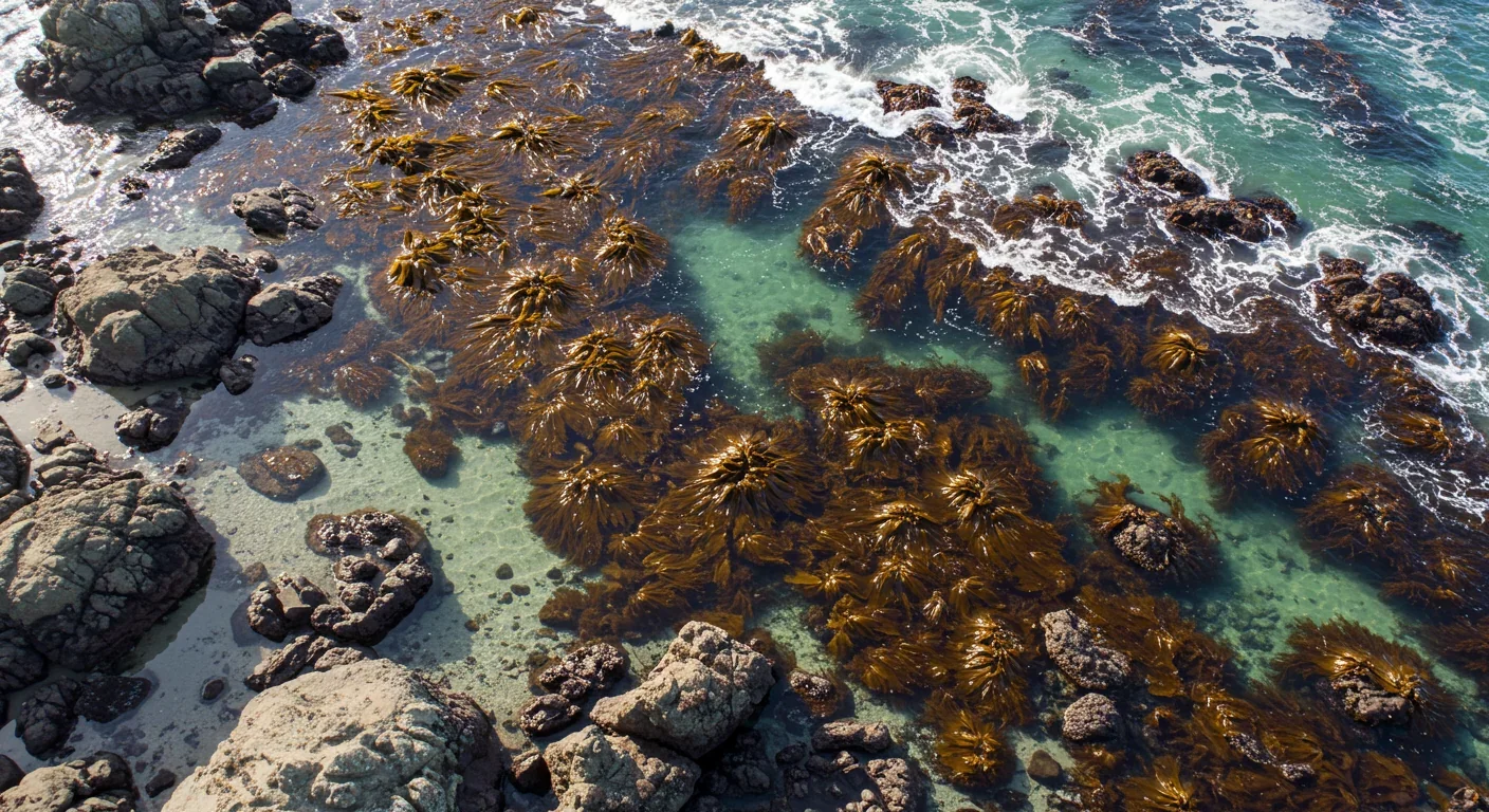 Aerial view of kelp forest canopy compressed and exposed during low tide on rocky Pacific reef