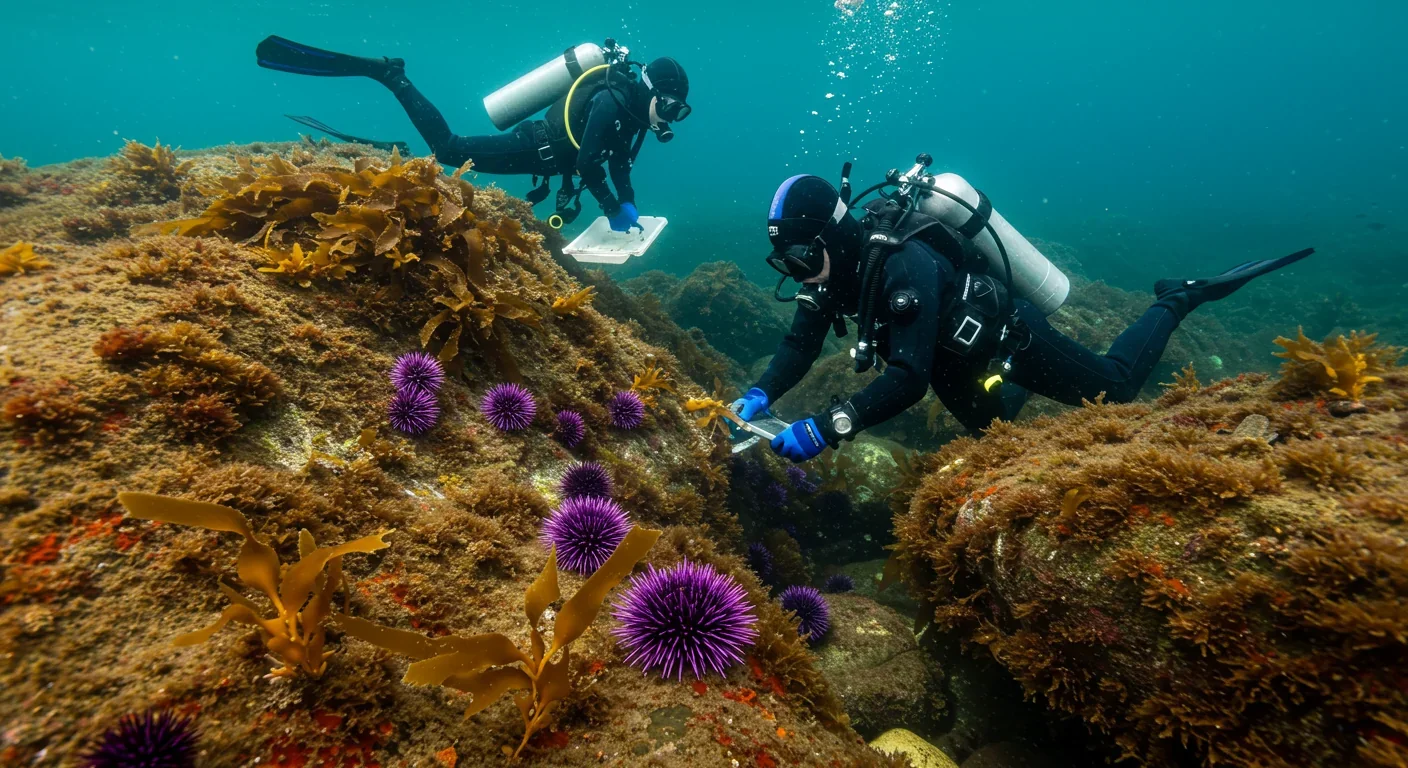 Divers removing sea urchins from ocean floor to enable kelp forest restoration and regrowth