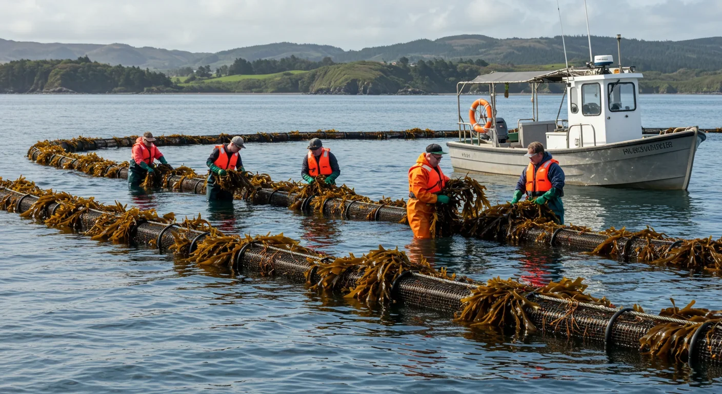 Coastal farmers in orange life vests harvesting kelp from floating rope lines with green hills in the background