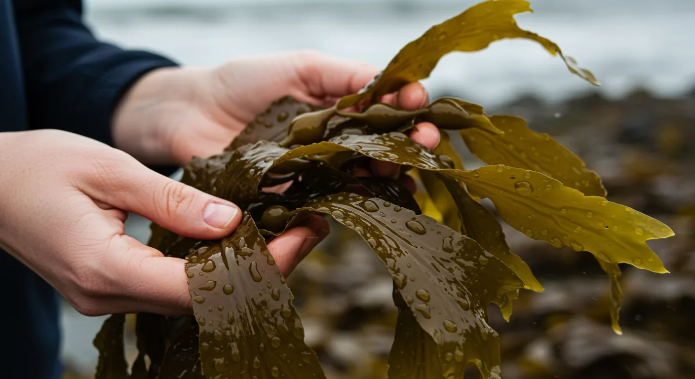 Hands holding fresh harvested kelp fronds with water droplets showing the natural texture and structure of the seaweed
