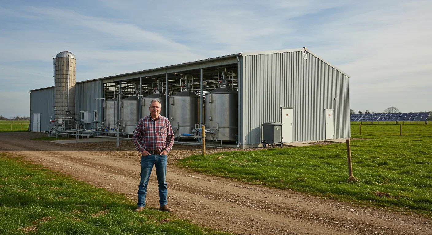 Split landscape showing traditional cattle pastures versus compact cultured meat facility with surrounding reforested land
