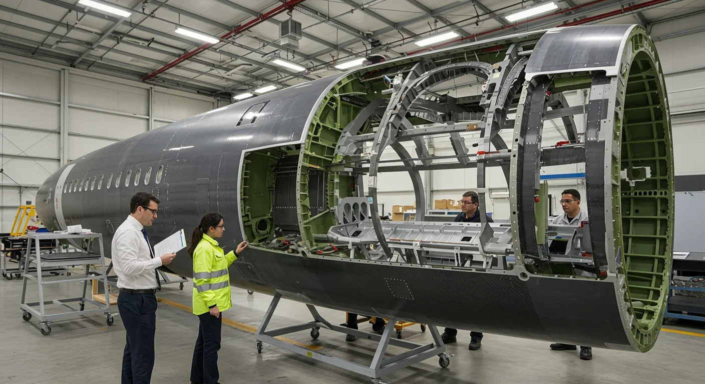 Aircraft composite structure showing carbon fiber components used in modern aerospace engineering