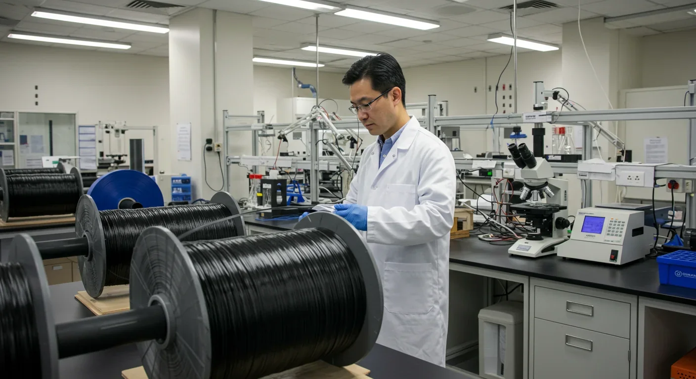 Materials scientist examining lignin-based carbon fiber strands in research laboratory