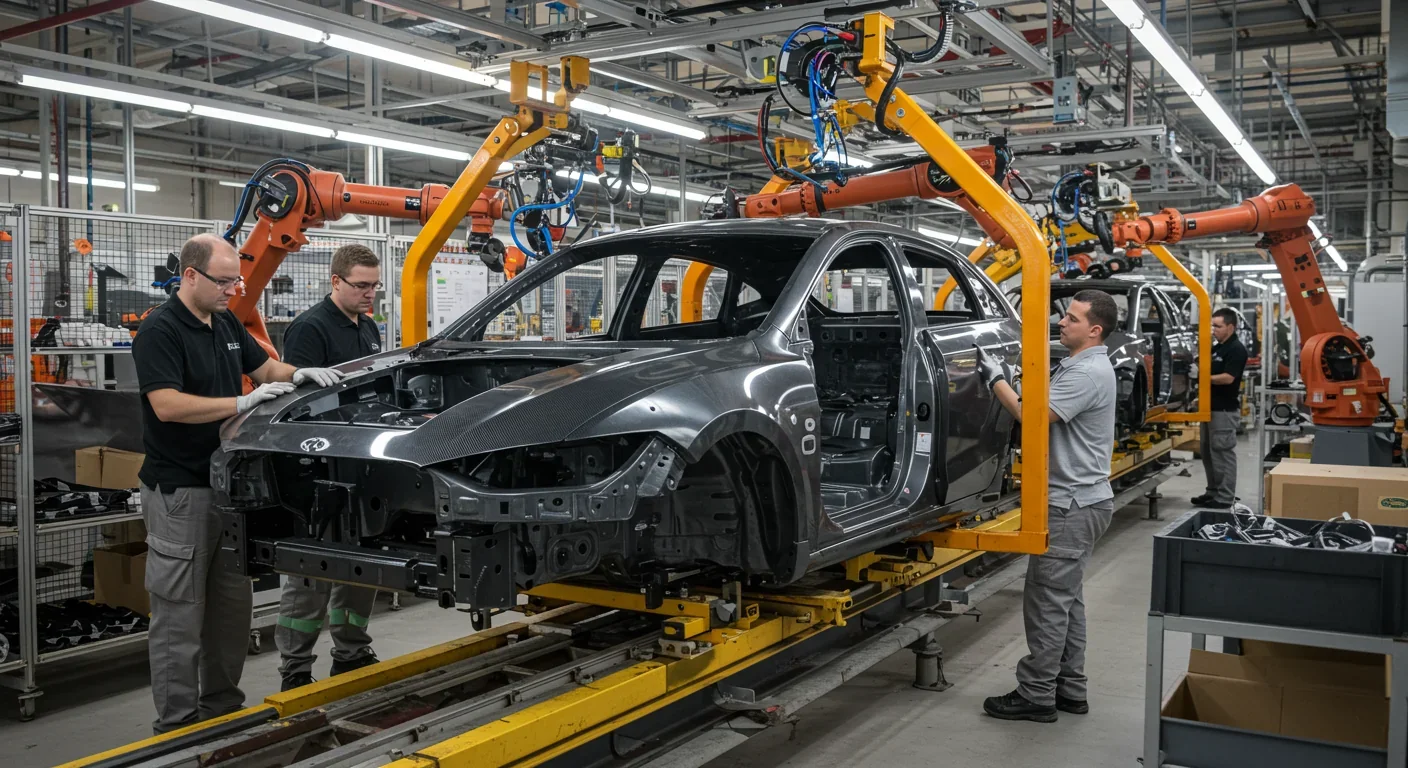 Automotive workers installing lightweight carbon fiber body panels on electric vehicle assembly line