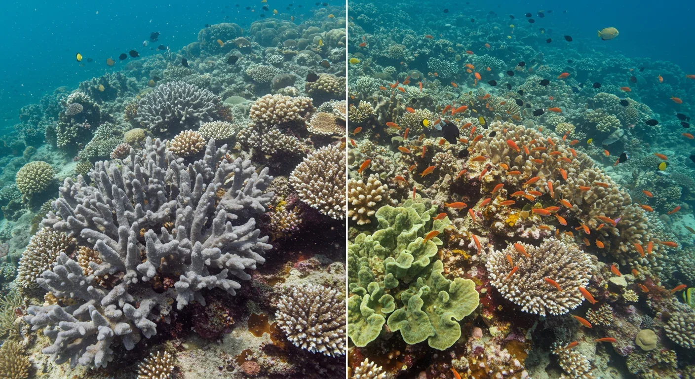 Comparison of bleached coral versus healthy protected reef showing climate impacts