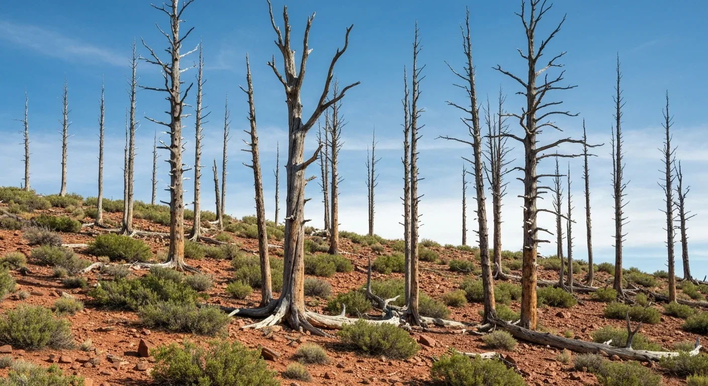 Dead pinyon pine trees standing as grey skeletons on a hillside surrounded by low shrubs in the American Southwest