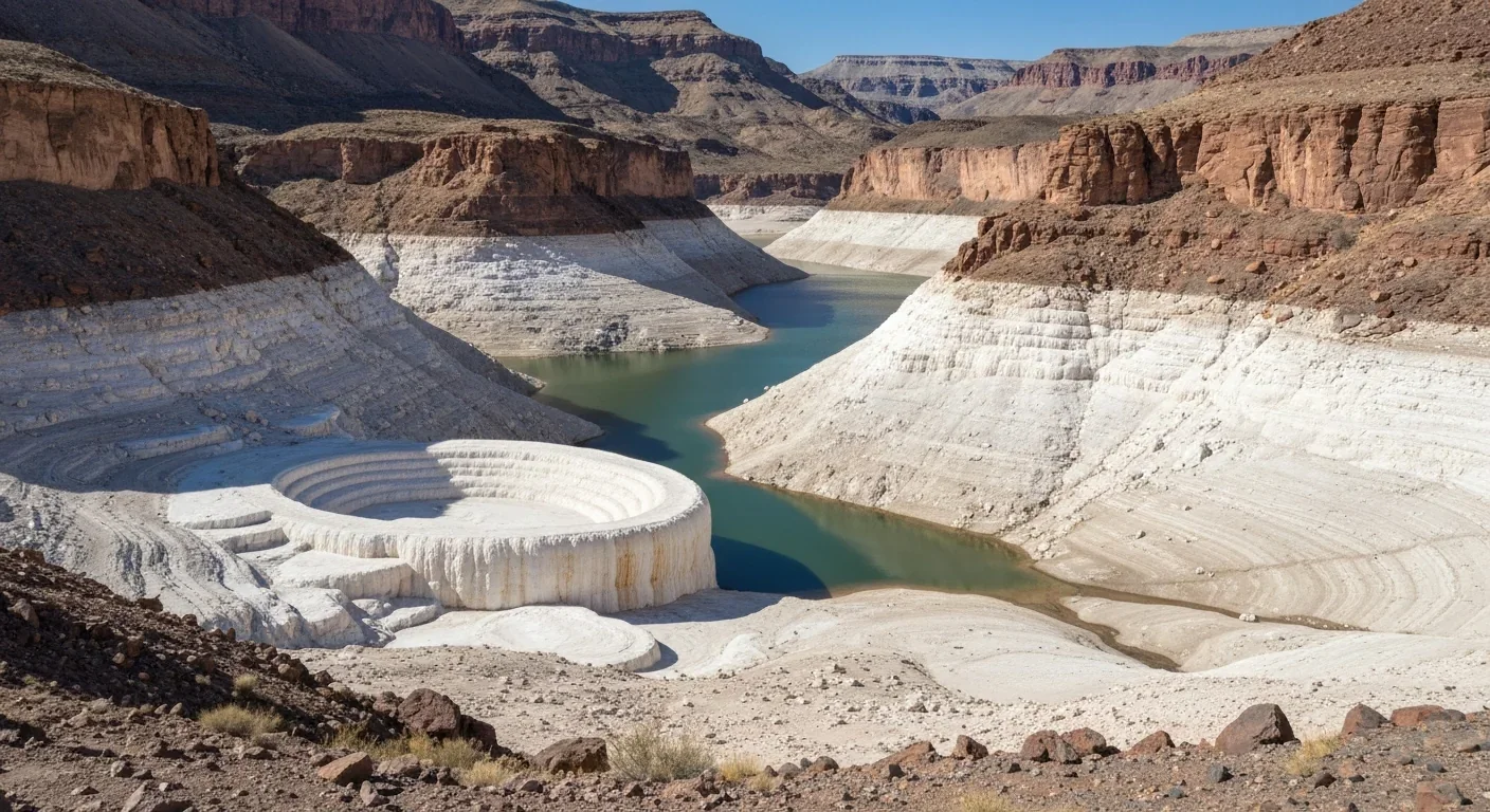 A dramatically low reservoir showing white mineral bathtub rings on canyon walls with sparse water remaining in the distance
