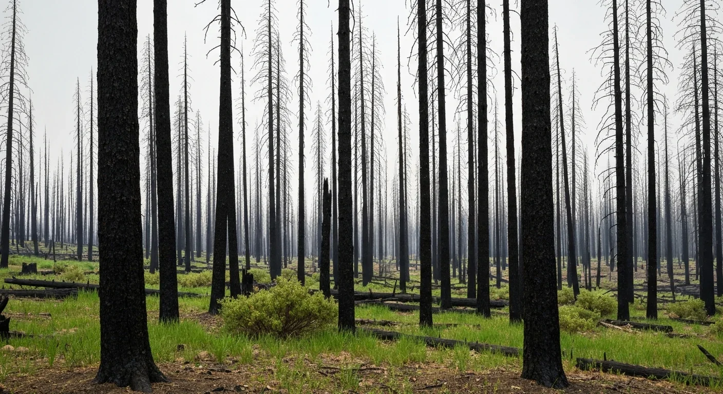 Burned forest with blackened tree trunks and new green grass and shrubs growing below, showing post-fire ecosystem transformation