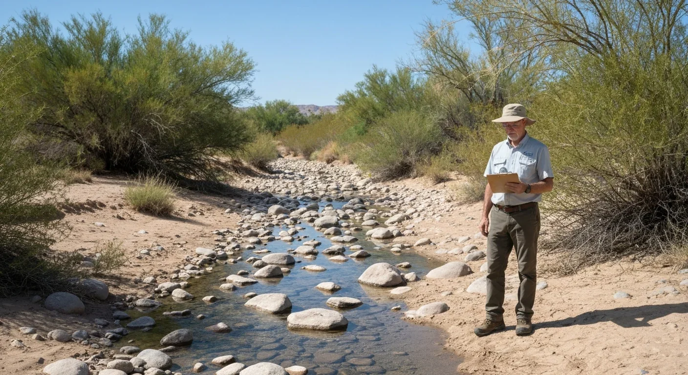 A researcher stands in a dry streambed surrounded by sparse vegetation where a flowing river once supported riparian habitat
