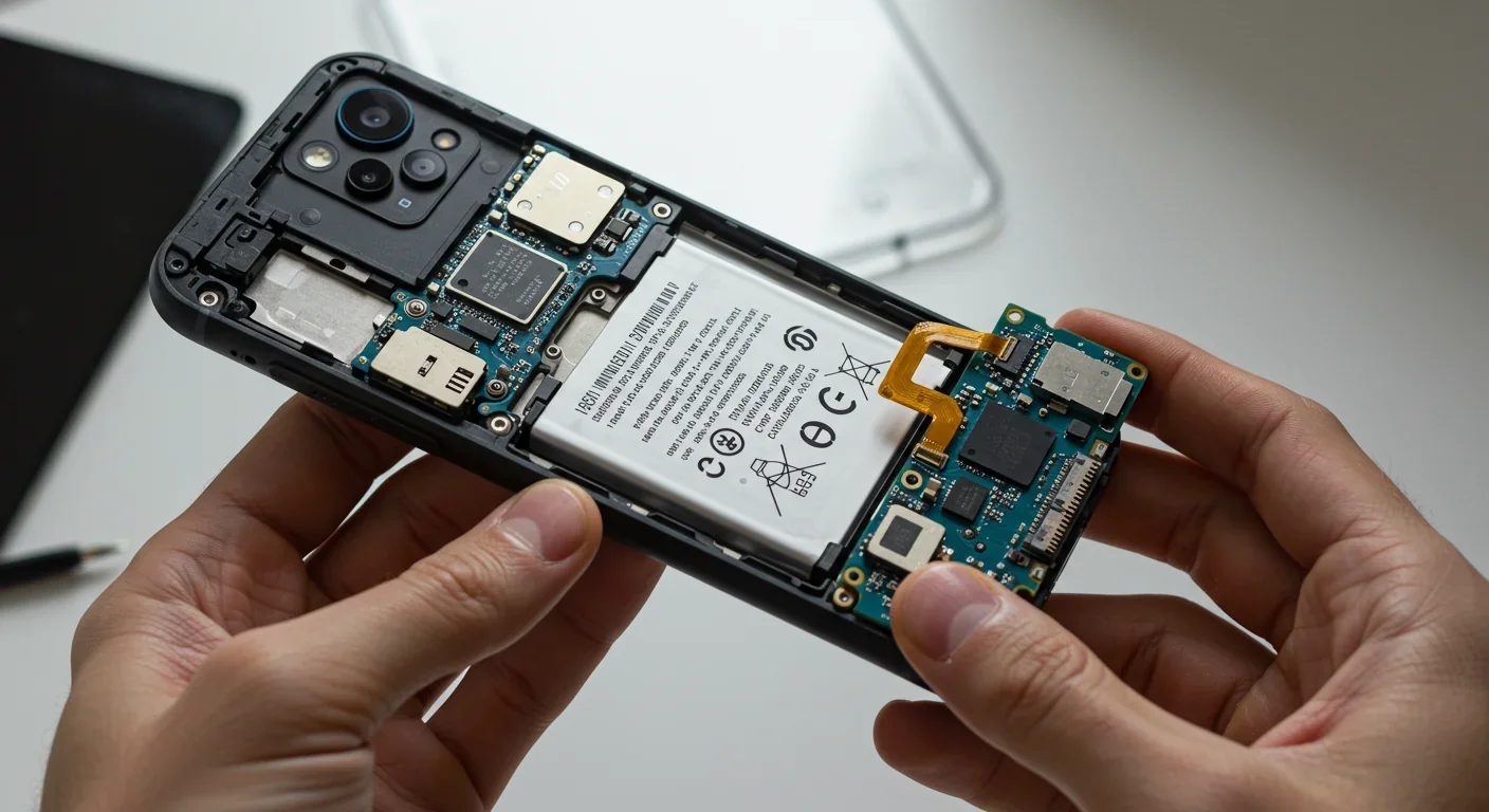 Smartphone with back cover removed showing modular replaceable battery and components