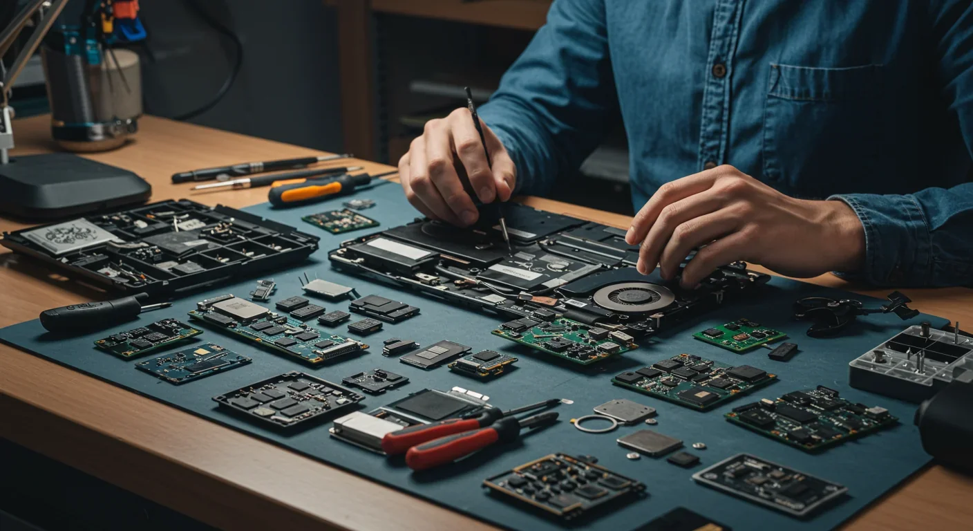 Person repairing electronics at a workbench with organized tools and replacement components