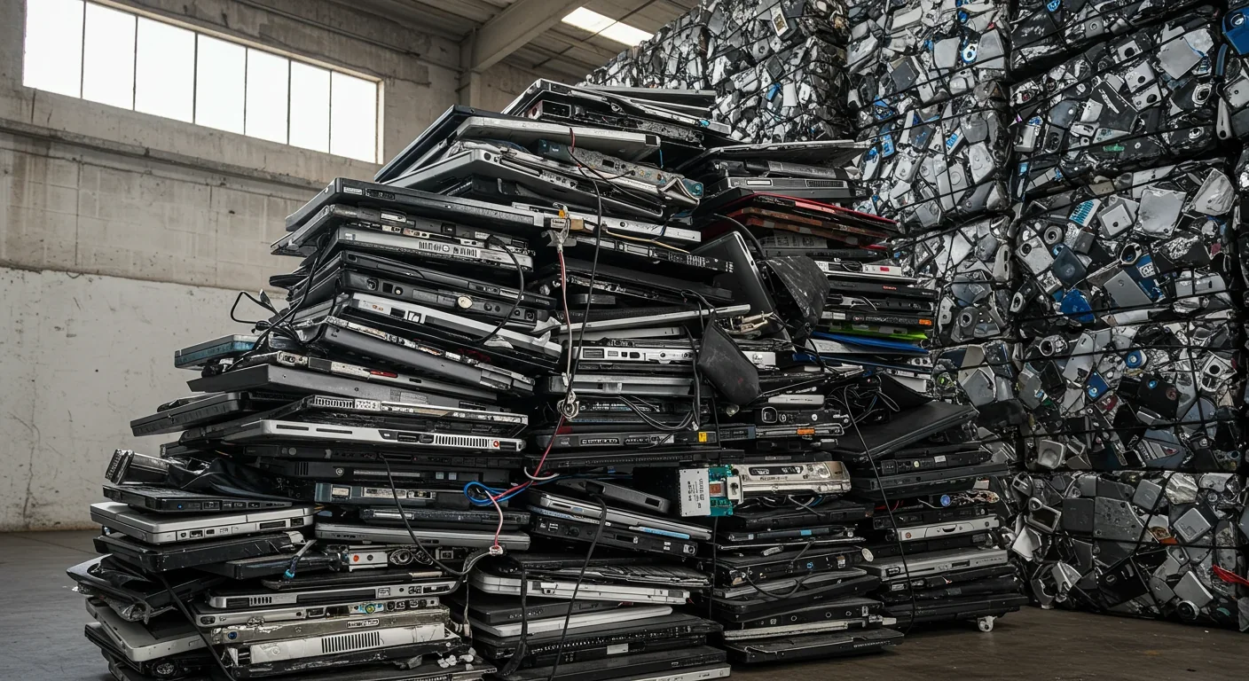 Stack of discarded laptops, phones, and tablets representing electronic waste