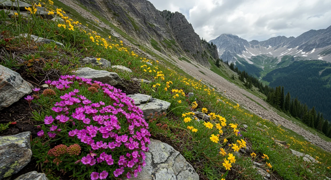 Colorful alpine wildflowers near treeline showing narrow habitable zones on mountain slopes