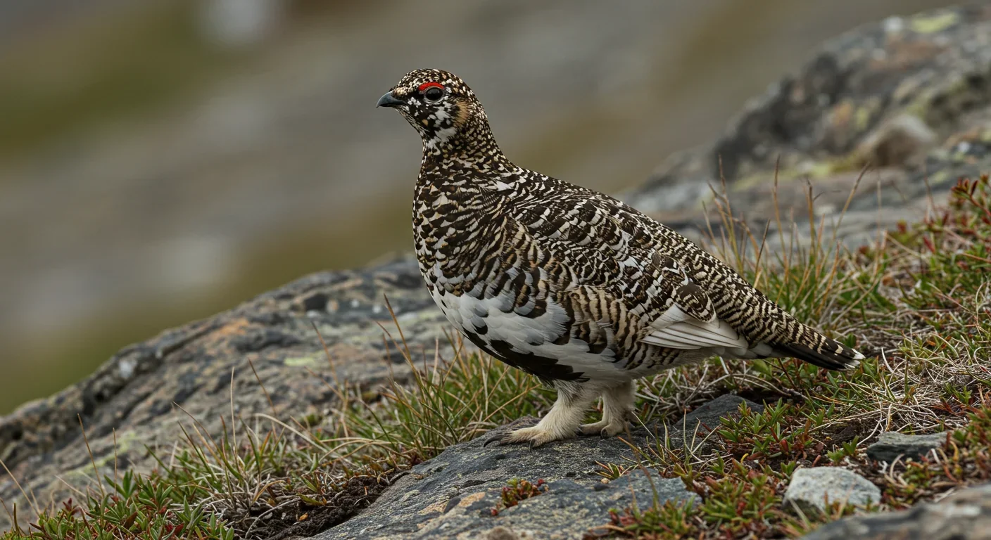 Rock ptarmigan in alpine habitat showing camouflage adaptation threatened by changing snow patterns