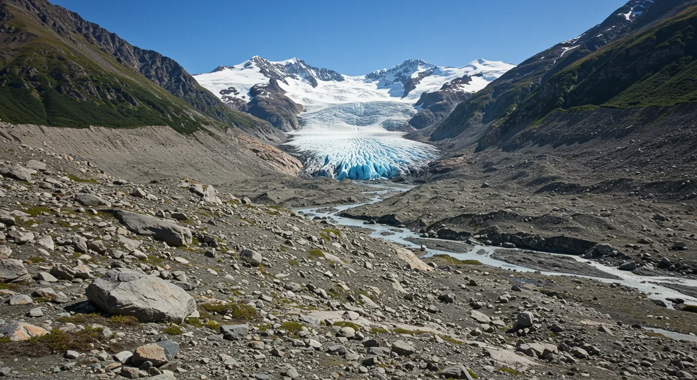 Retreating mountain glacier revealing newly exposed terrain showing visible climate change impacts