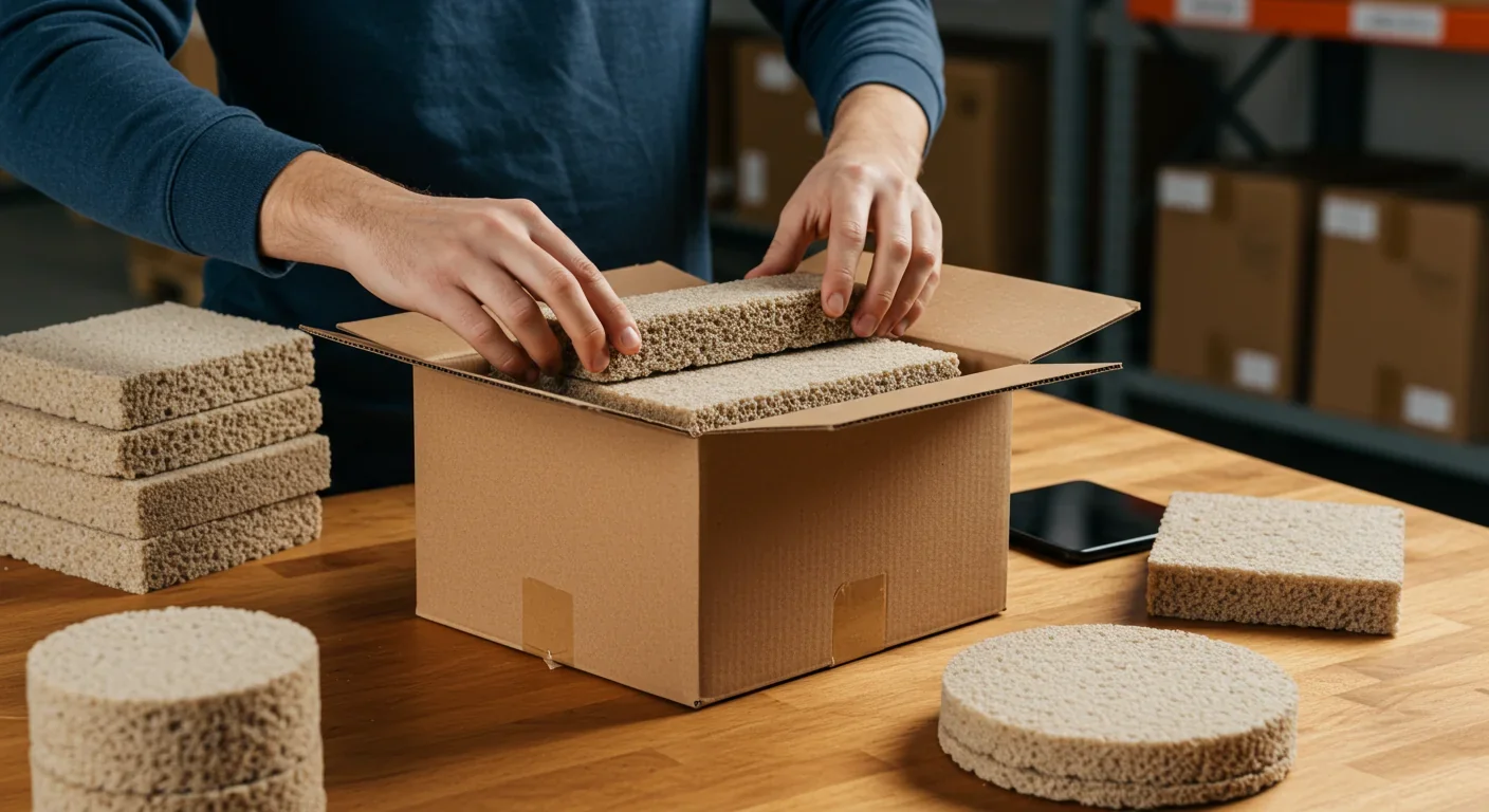 Worker packing electronics with biodegradable mycelium cushions as eco-friendly alternative to styrofoam