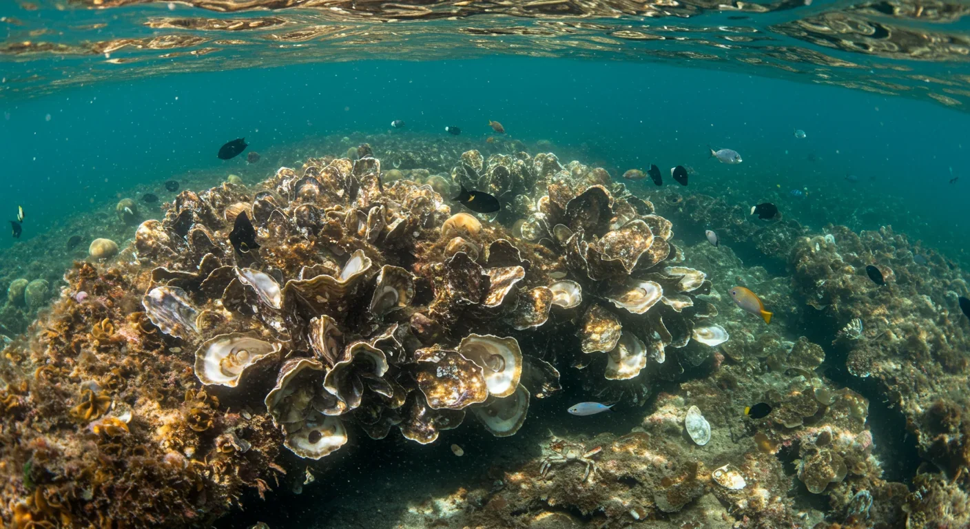Underwater view of healthy oyster reef showing clustered oysters, small fish, and crabs in filtered clear water with sunlight above