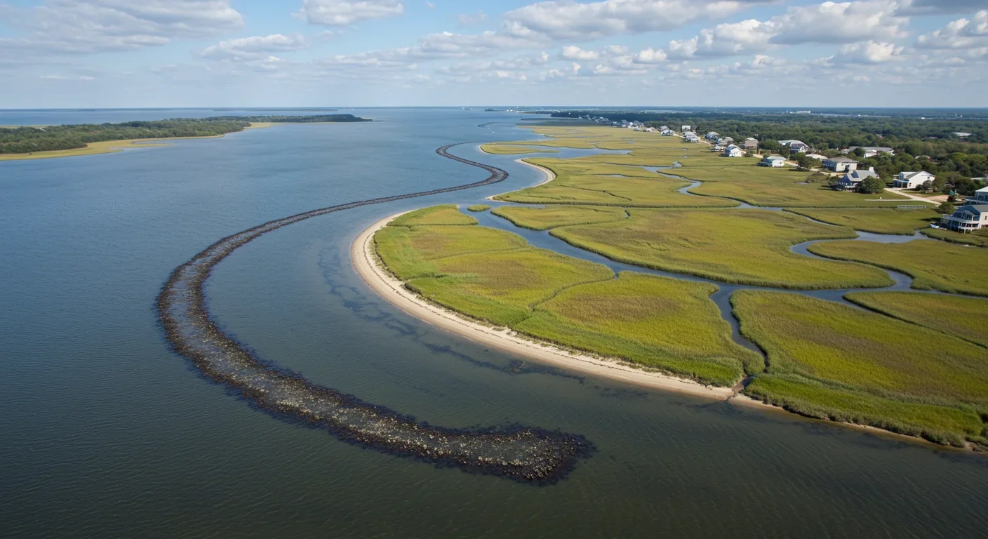 Aerial photograph of curved oyster reef protecting marsh and coastal homes, showing nature-based shoreline defense system