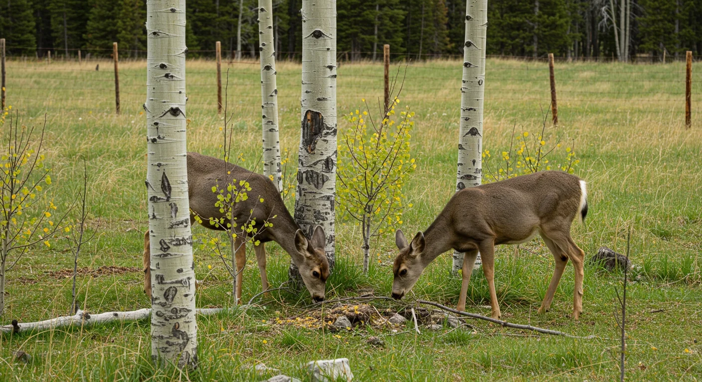 Mule deer grazing on young aspen shoots with conservation fencing in background